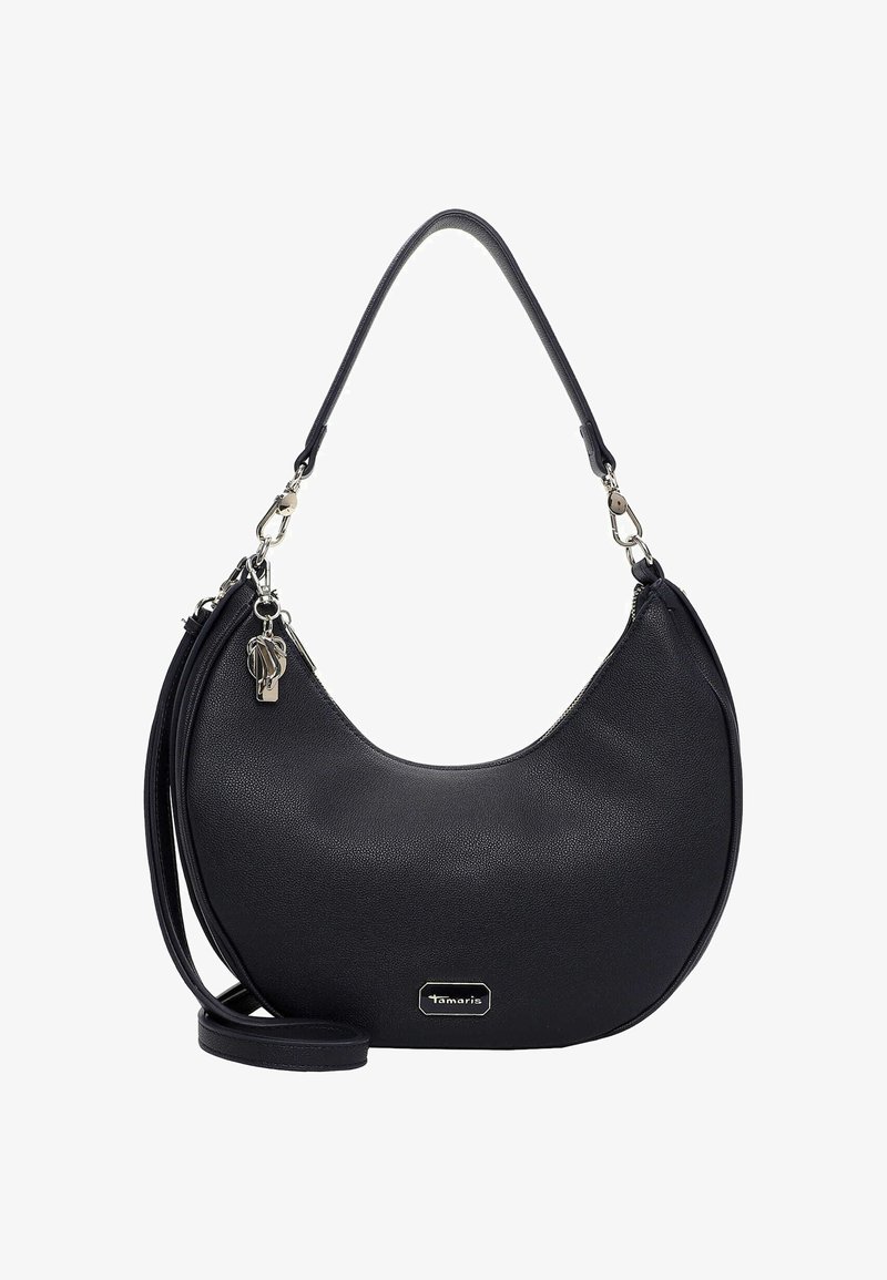 Sort skuldertaske i kunstlæder med en glat tekstur, afrundet form, kort håndtag og en aftagelig lang rem. Sølvfarvede metaldele som accent.