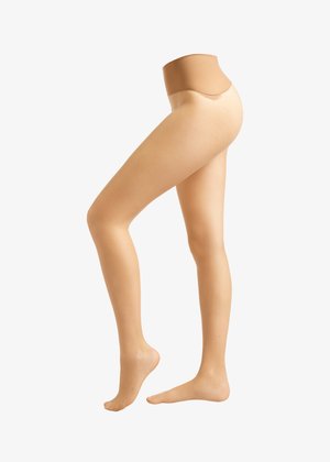 Hautfarbene Strumpfhosen mit glatter Textur, nahtlosem Bund, transparenter Optik und konturierender Form, die eine schlanke Bein-Silhouette hervorhebt.