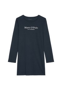 Pitkähihaisen tummansinisen tunikan materiaali on pehmeää, ja siinä on pyöreä pääntie sekä valkoinen logo-teksti: "Marc O’Polo EST. IN STOCKHOLM."