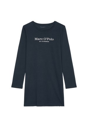 Langsleeve marineblauwe tuniek gemaakt van zachte stof, met een ronde hals en witte logo-tekst: "Marc O’Polo EST. IN STOCKHOLM."