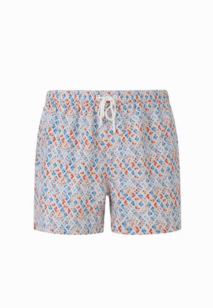 Męskie kąpielówki z elastycznym pasem i białym sznurkiem, zdobione pomarańczowo-niebiesko-białym geometrycznym wzorem.