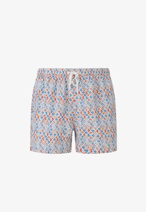 Herre badeshorts med elastisk talje og hvid snor, med et geometrisk mønster i orange, blå og hvid.