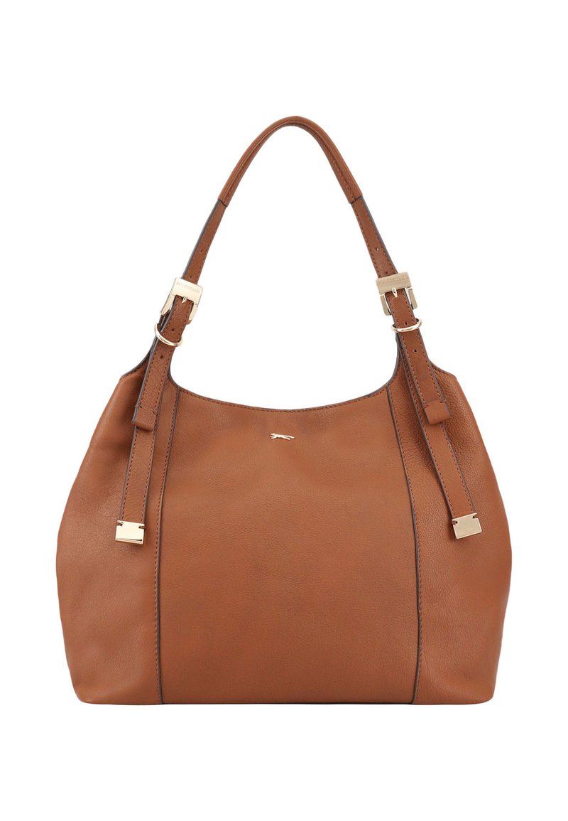 Sac à main en cuir marron avec une texture lisse, présentant une forme incurvée, des doubles poignées avec des accessoires en métal doré et des coutures discrètes.