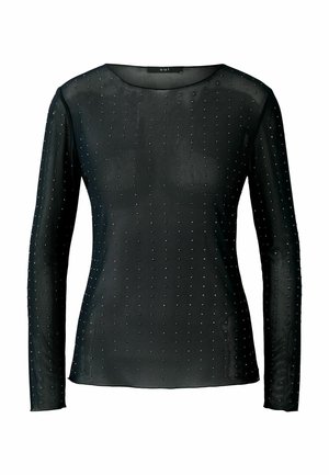 Zwarte lange mouwen top van doorschijnende stof, met een ronde halslijn en gelijkmatig geplaatste decoratieve rhinestones als accent.