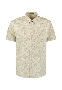 Kurzarmhemd in hellem Beige mit einem sich wiederholenden, abstrakten Muster in sanften Brauntönen. Mit einem Button-Down-Kragen und Knöpfen auf der Vorderseite.