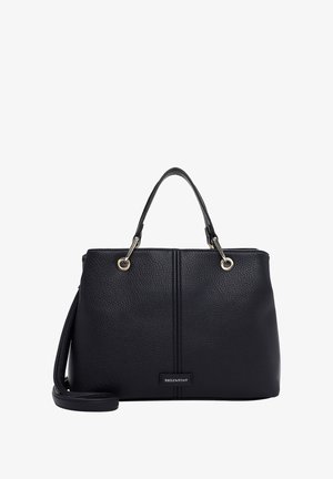 Sac à main en cuir noir avec une texture en cuir grainé, deux poignées supérieures, des accents en métal doré et une bandoulière amovible. Présente un patch logo.
