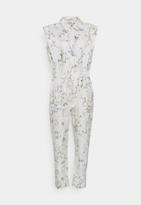 Floral jumpsuit in lightweight fabric, featuring a collared neckline, sleeveless design, elastic waist, and side pockets. Soft pastel colors.