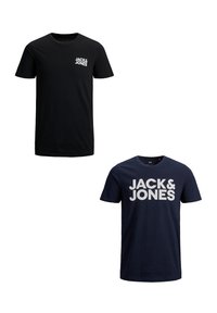 Two T-shirts: one black with a small white logo, and one navy blue with large white text. Both are short-sleeved and made of cotton.