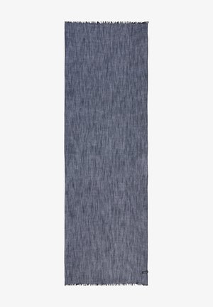 Langer, schmaler, dunkelgrauer Stoffschal mit subtiler Textur und fransenbesetzten Enden, flach auf einem weißen Hintergrund ausgebreitet.