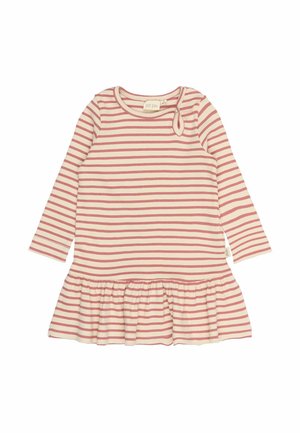 Hosszú ujjú babadressz rózsaszín és krém színű vízszintes csíkokkal, kerek nyakkivágással, gombos záródással és fodros szegéllyel.