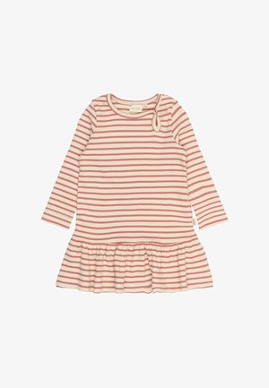 Haljina za bebe dugih rukava s ružičastim i krem trakama, okruglim izrezom, dugmetom za zatvaranje i volanima na rubu.