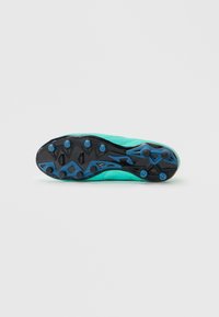Scarpa da football con tomaia testurizzata di colore teal, suola nera, tacchetti blu e design aerodinamico per un miglior grip e prestazioni.