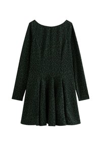 Abito lungo a maniche lunghe verde scuro con motivo a stampa leopardata nera e gonna svasata.