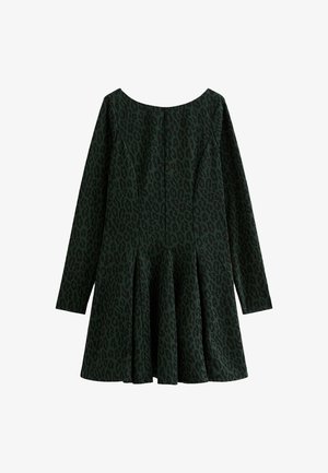Dark green long-sleeve dress with black leopard print pattern and a flared skirt.