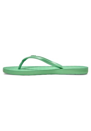 Chanclas verdes de goma con una plantilla texturizada y tiras finas. La suela es plana y ligeramente gruesa para mayor comodidad.