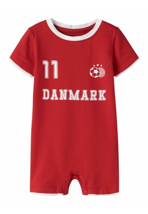 Rood korte mouwen babyrompertje met witte bies, met nummer 11, een voetbal met sterren en de tekst "DANMARK" op de voorkant.