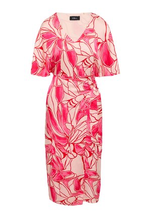 Roze bloemen wikkeljurk met korte mouwen, voorzien van een V-hals, strikdetail in de taille en een lichte, bedrukte stof.