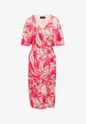 Roze bloemen wikkeljurk met korte mouwen, voorzien van een V-hals, strikdetail in de taille en een lichte, bedrukte stof.