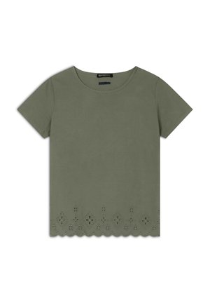 T-shirt in cotone verde oliva con collo arrotondato e maniche corte, caratterizzato da motivi floreali tagliati al laser lungo l'orlo inferiore.