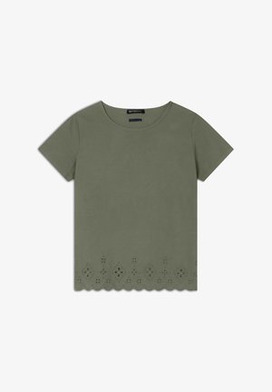T-shirt in cotone verde oliva con collo arrotondato e maniche corte, caratterizzato da motivi floreali tagliati al laser lungo l'orlo inferiore.