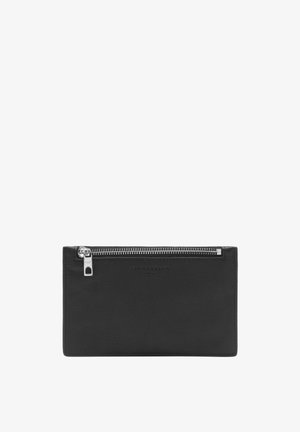 Portefeuille en cuir noir avec une poche zippée horizontale en argent et le logo "Liebeskind Berlin" en relief à l'avant.