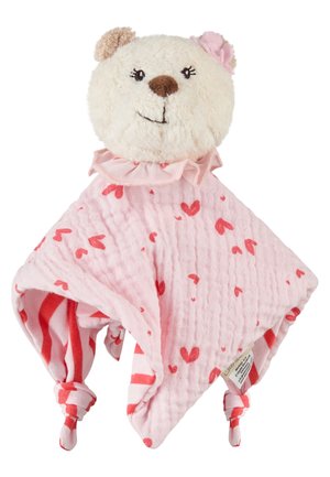Soft beige teddy bear head with pink fabric flower attached, attached to a pink blanket with red hearts and knotted corners.