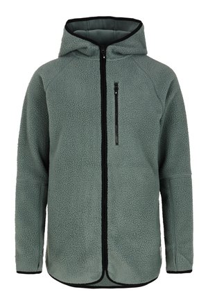 Fleecejack in gedempt groen, met een volledige ritssluiting aan de voorkant, een capuchon en een borstzak met zwarte ritsdetails. Zacht, textuur materiaal.