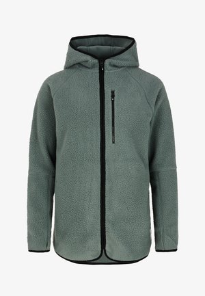Fleece jacket in muted green, featuring a full front zipper, a hood, and a chest pocket with black zipper details. Soft, textured material.