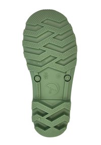 Semelle de chaussure en caoutchouc verte avec un motif de crampons en zigzag, des picots hexagonaux et des marquages en relief comprenant des détails sur la taille et le fabricant.