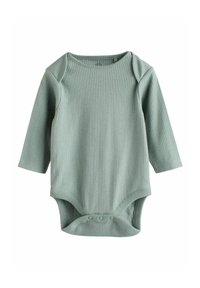 Ljust grön ribbad långärmad bodysuit med rund halsringning och tryckknappslås vid botten. Mjuk textur och åtsittande design.