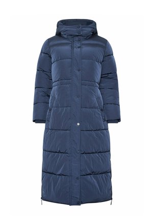 Mörkblå puffjacka med huva, med knappstängning, horisontellt quiltat mönster och fickor med dragkedja på sidorna. Lätt material.