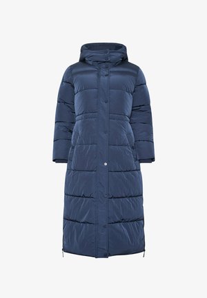 Mörkblå puffjacka med huva, med knappstängning, horisontellt quiltat mönster och fickor med dragkedja på sidorna. Lätt material.