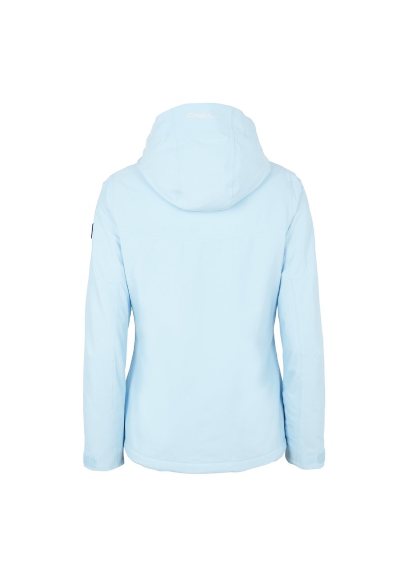 Giacca esterna azzurra chiara con cappuccio, caratterizzata da una superficie liscia, maniche lunghe e aperture per tasche discrete sui lati.