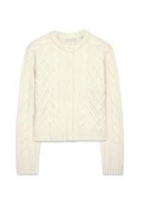 Kreemivärviline kardigan, mis on tehtud soonikuga lõngast, pika varrukaga, ümar kaelusega ja ees nööpidega sulguv.