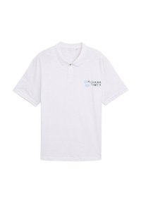 Witte polo shirt gemaakte van textiel met structuur. Voorzien van een klassieke kraag, korte mouwen en een blauw grafisch logo op de linker borst.