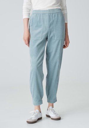 Persona che indossa pantaloni di velluto a coste blu chiaro con vita elasticizzata, tasche frontali e sneakers bianche, in piedi contro uno sfondo chiaro e uniforme.