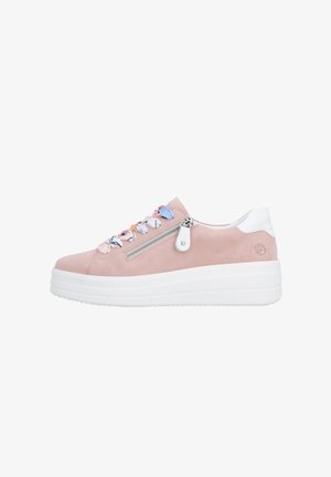 Light pink suede sneaker with thick white sole, multicolored scarf-style laces, side zipper, and white heel patch.