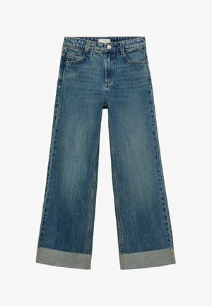 Jeans a gamba larga blu chiaro in denim, con vita alta, orli arrotolati e design classico a cinque tasche. Texture invecchiata all-over.