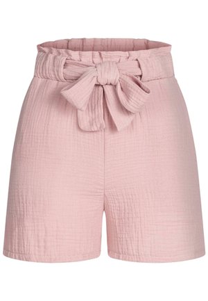 Lyserøde shorts lavet af struktureret stof, med en bred, foldet talje og en sløjfefremhævelse foran.