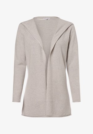 Light gray cardigan with an open front, long sleeves, and a soft, textured knit fabric. Features a slightly pointed collar and a relaxed fit.