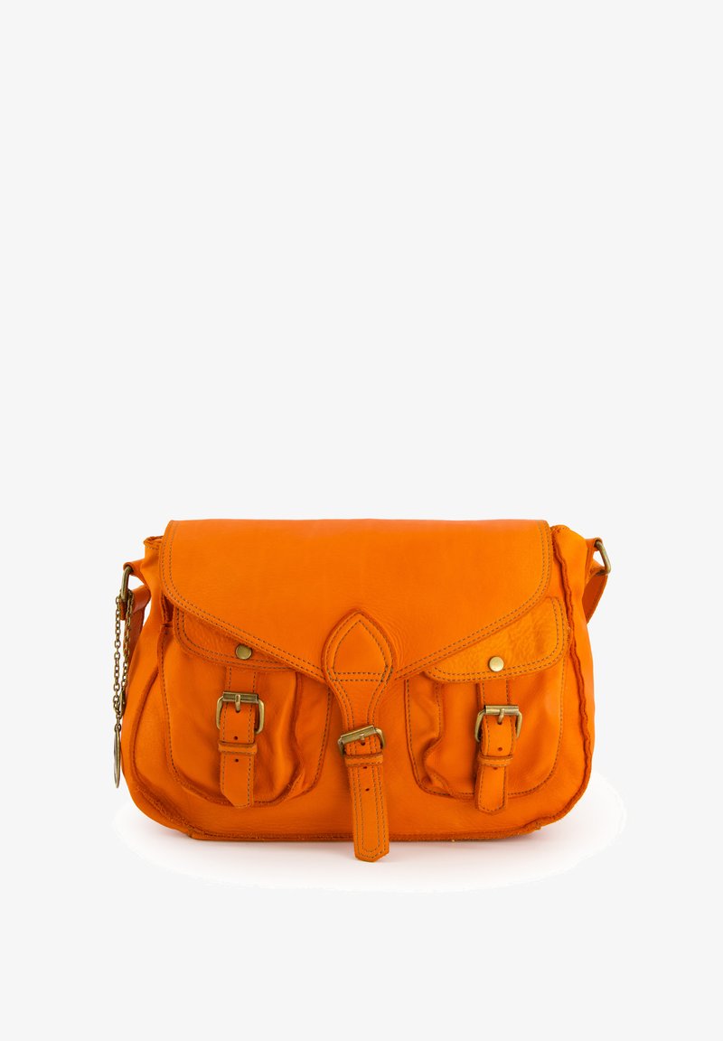 Orange leather messenger bag with a flap closure, two front pockets, and adjustable strap. Features gold-tone hardware and visible stitching.