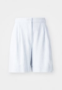 Pantaloni corti in lino azzurro chiaro con una vestibilità su misura, fronte plissettato, chiusura con bottone e tasche laterali. Tessuto liscio e lunghezza fino a metà coscia.