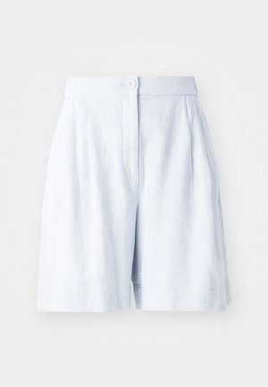 Light blue linen shorts with a tailored fit, pleated front, button closure, and side pockets. Smooth texture and mid-thigh length.