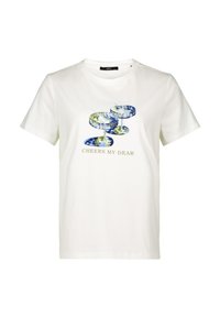 White cotton t-shirt featuring an illustrated design of two blue cocktail glasses and the text "CHEERS MY DEAR" in gold below.
