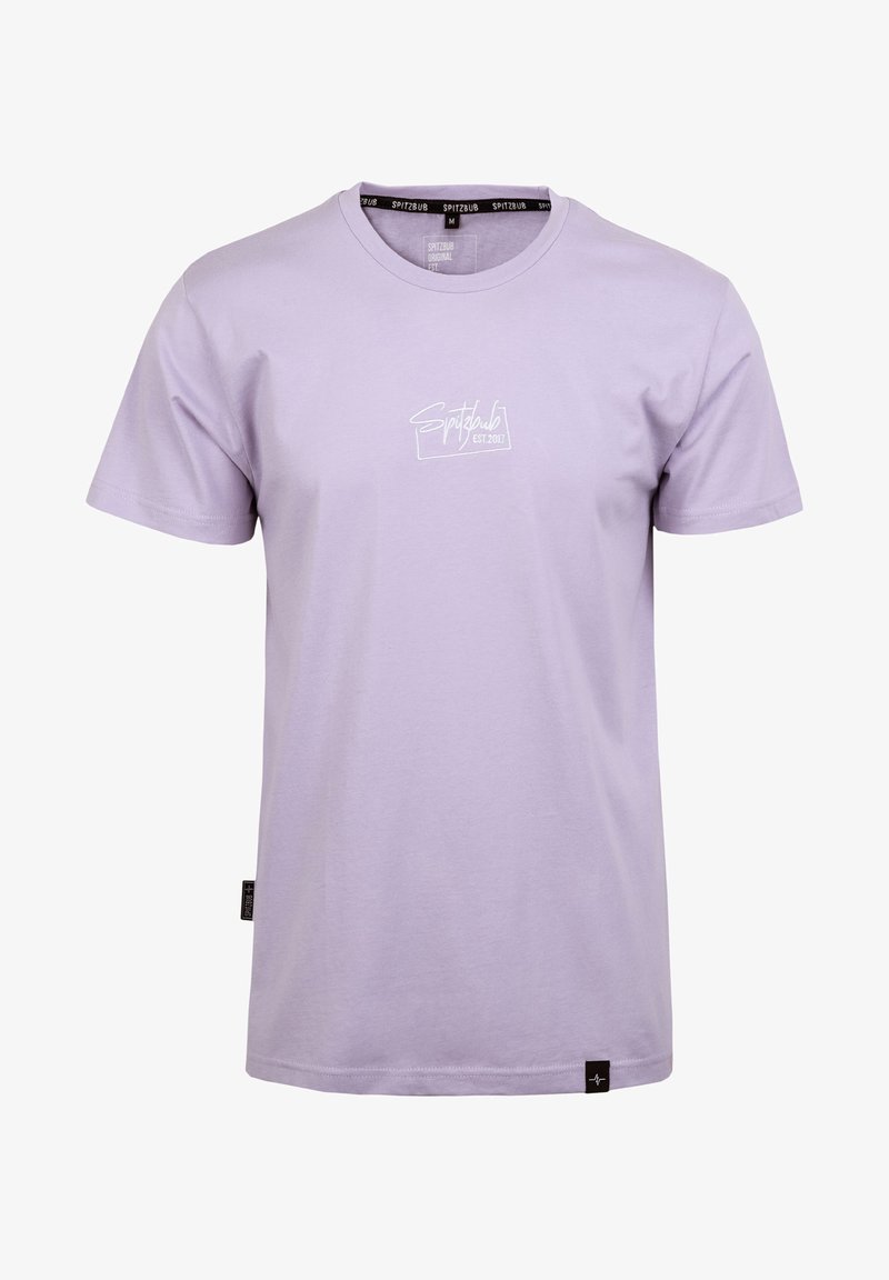 Lilac short-sleeve t-shirt made of cotton, featuring a white script logo with "EST.2017" in a corner and a small black label on the hem.