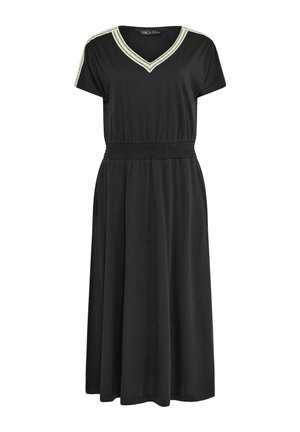 Abito midi nero con scollo a V e maniche corte, vita elasticizzata e rifinitura in pizzo bianco su scollo e spalle.