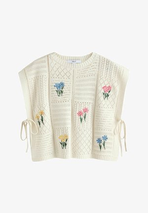 Maglioncino smanicato color crema lavorato a maglia con motivo a diamante, laccetti laterali ed eleganti gruppi ricamati di fiori rosa, blu e gialli sui pannelli anteriori.