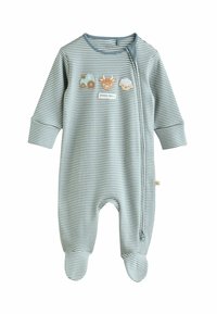 Gestreifter Baby-Overall in Blau und Weiß mit langen Ärmeln, mit Füßen, Reißverschluss an der Vorderseite und gestickten Tierakzenten. Aus Baumwollmischung.