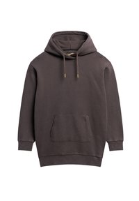 Pullover hoodie i mörkbrunt, med en rymlig frontficka, justerbar huva med metallspetsar och ribbade ärmslut.