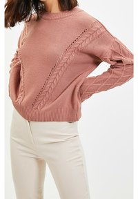 Rosafarbener gestrickter Pullover mit strukturierten Zopfmustern, einem Rundhalsausschnitt und gerippten Bündchen. Kombiniert mit beigen, eng anliegenden Hosen.